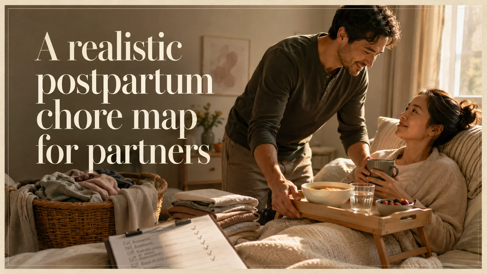 A realistic postpartum chore map for partners, relatives, and short cover image for a postpartum recovery article on BabyNames GO