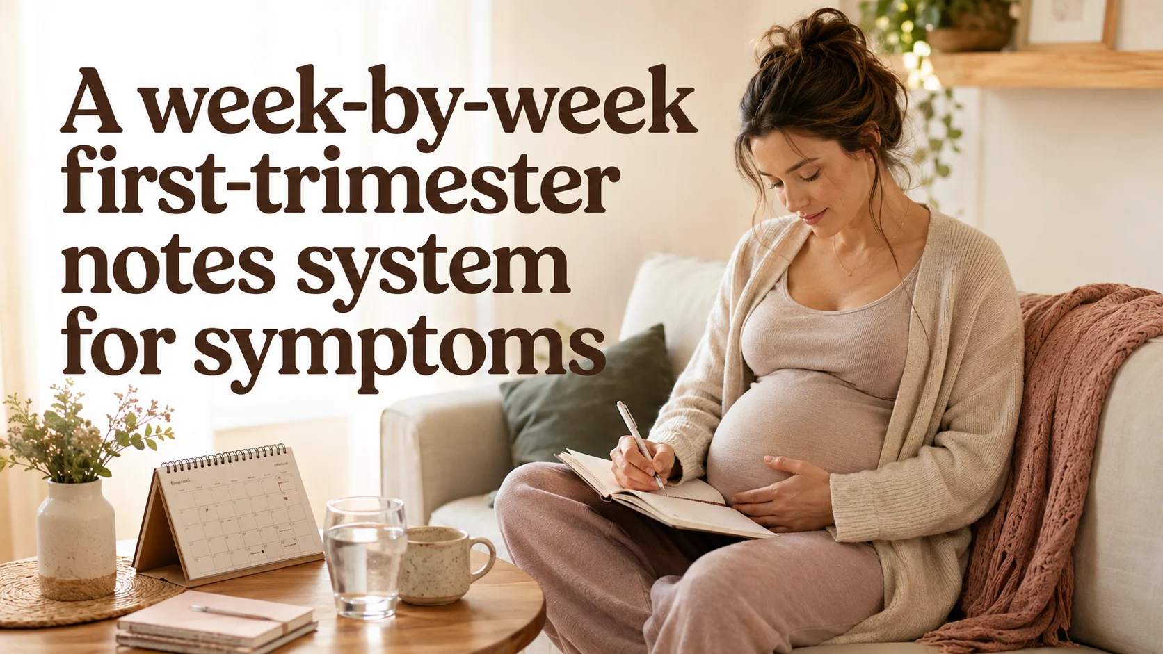 A week-by-week first-trimester notes system for symptoms, questions cover image for a pregnancy first trimester article on BabyNames GO