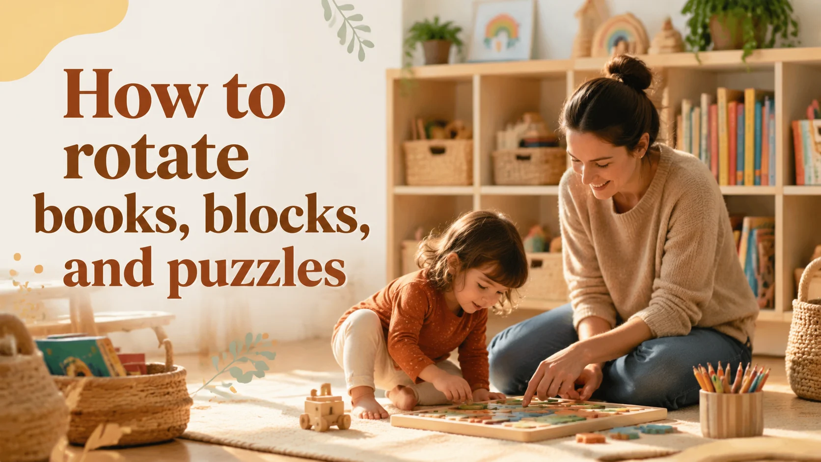 How to rotate books, blocks, and puzzles for a calmer play shelf cover image for a play learning article on BabyNames GO