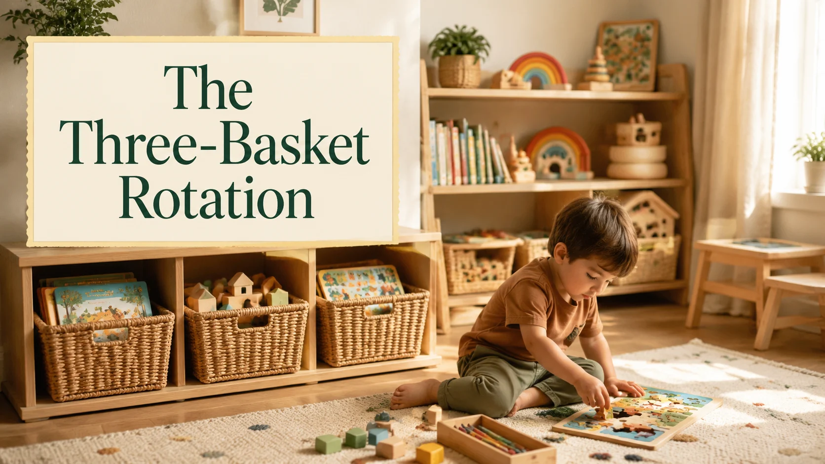 The Three-Basket Rotation: Calm Play Shelves for Busy Toddlers cover image for a play learning article on BabyNames GO